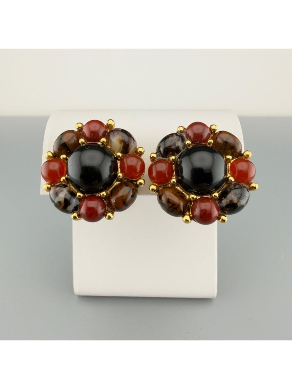 Vintage Monet Clip On Earrings Gold Tone Black Cabochon Cluster Fall Autumn